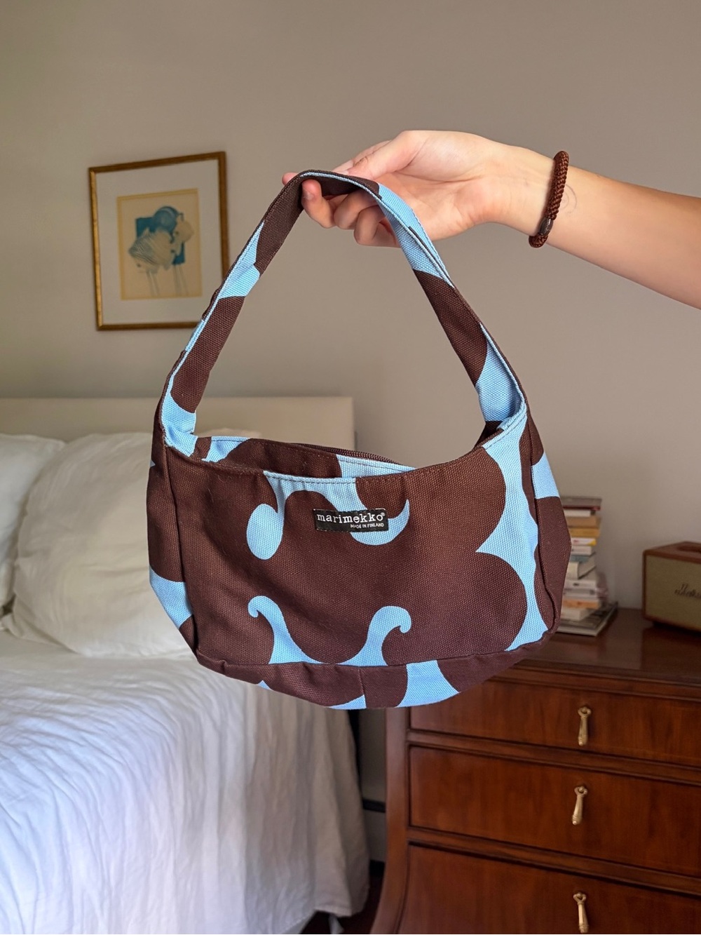Marimekko Brown & Light Blue Wave-Pattern Shoulder Bag
